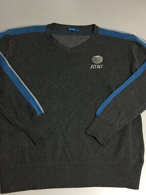 AT&T Women Medium Pullover Sweater Rayon V-Neck Gray Blue White Embroidered Logo